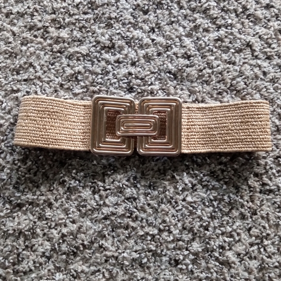 Shein Cognac Ribbed Rectangle Buckle Straw Belt Size Small - Picture 2 of 5